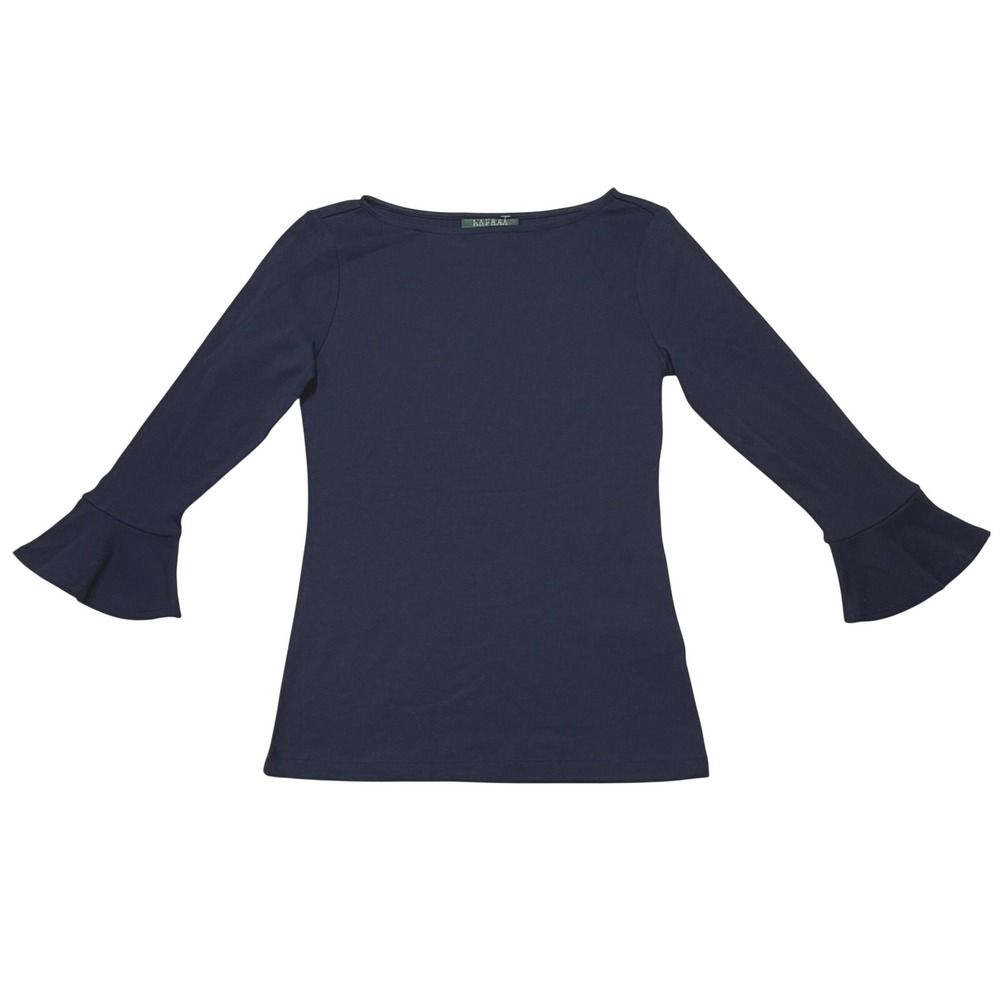 Lauren Ralph Lauren Navy Blue Boat Neck Bell Sleeve Cotton Top Petite PS NWOT